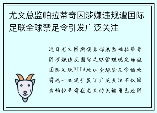 尤文总监帕拉蒂奇因涉嫌违规遭国际足联全球禁足令引发广泛关注 尤文总监帕拉蒂奇因涉嫌违规遭国际足联全球禁足令引发广泛关注